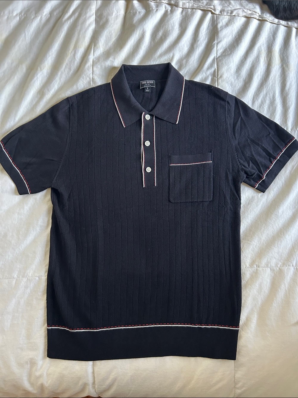 Todd Snyder Black Polo with White and Red Contrast Piping